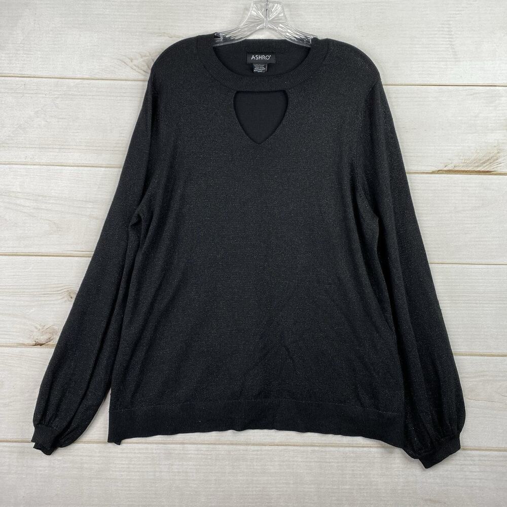 Ashro Sweater Womens 1X Black Silver Shiny Sparkles Keyhole Pullover Stretch